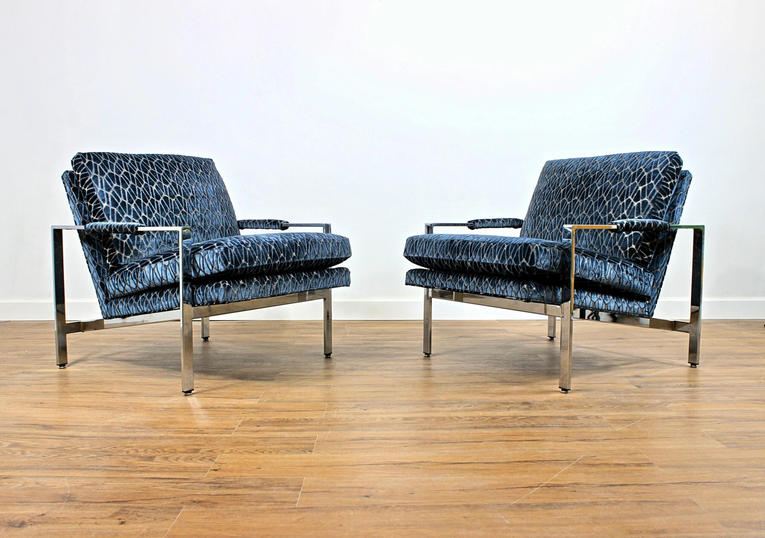 1970's Milo Baughman 951 Chrome Lounge Chairs In Rombo Orion Blue Cut Velvet, Pair 6 1970's Milo Baughman 951 Chrome Lounge Chairs In Rombo Orion Blue Cut Velvet, Pair - Image 6
