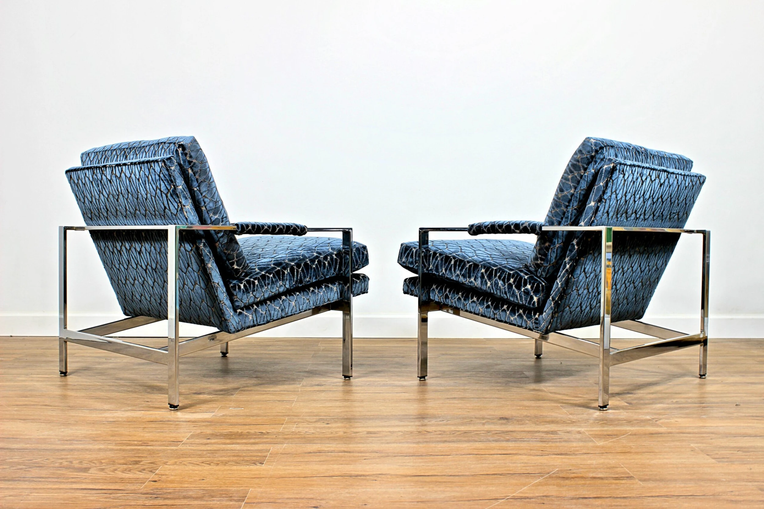 1970's Milo Baughman 951 Chrome Lounge Chairs In Rombo Orion Blue Cut Velvet, Pair 9 1970's Milo Baughman 951 Chrome Lounge Chairs In Rombo Orion Blue Cut Velvet, Pair - Image 9