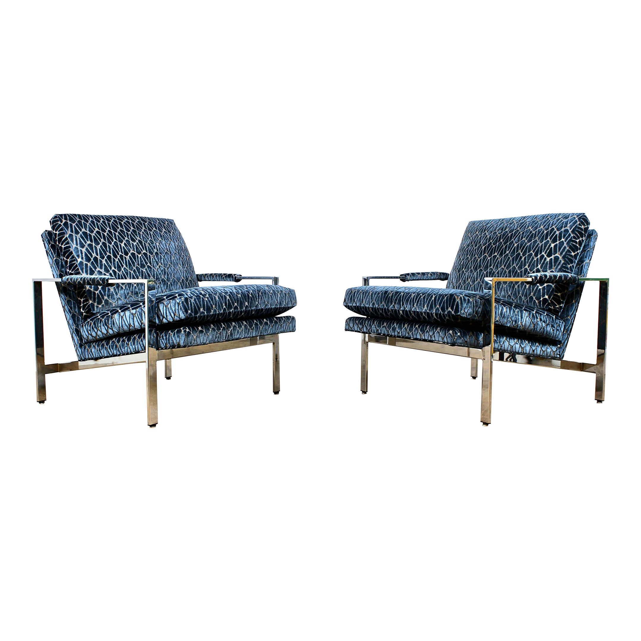1970's Milo Baughman 951 Chrome Lounge Chairs In Rombo Orion Blue Cut Velvet, Pair 1 1970's Milo Baughman 951 Chrome Lounge Chairs In Rombo Orion Blue Cut Velvet, Pair
