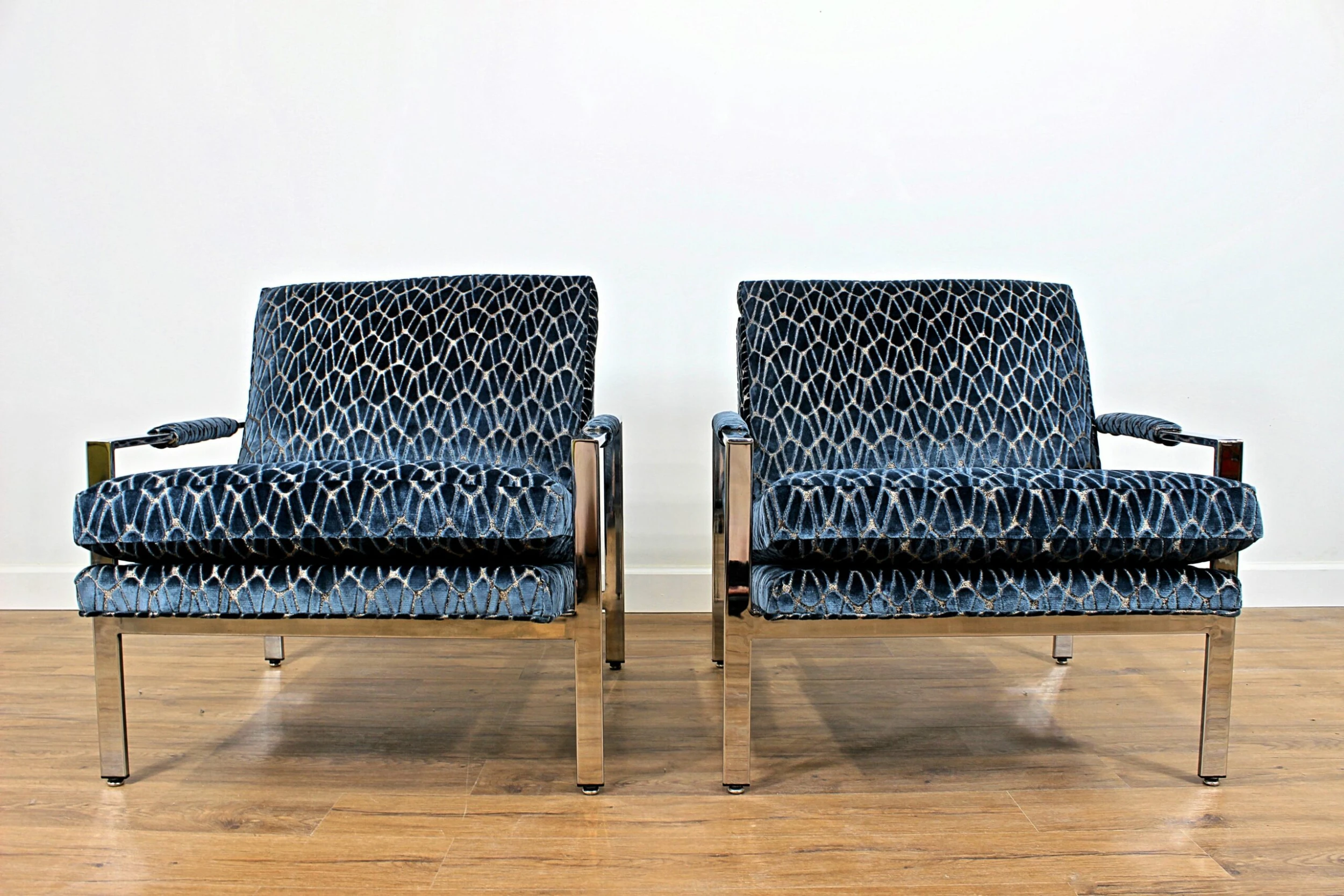 1970's Milo Baughman 951 Chrome Lounge Chairs In Rombo Orion Blue Cut Velvet, Pair 8 1970's Milo Baughman 951 Chrome Lounge Chairs In Rombo Orion Blue Cut Velvet, Pair - Image 8