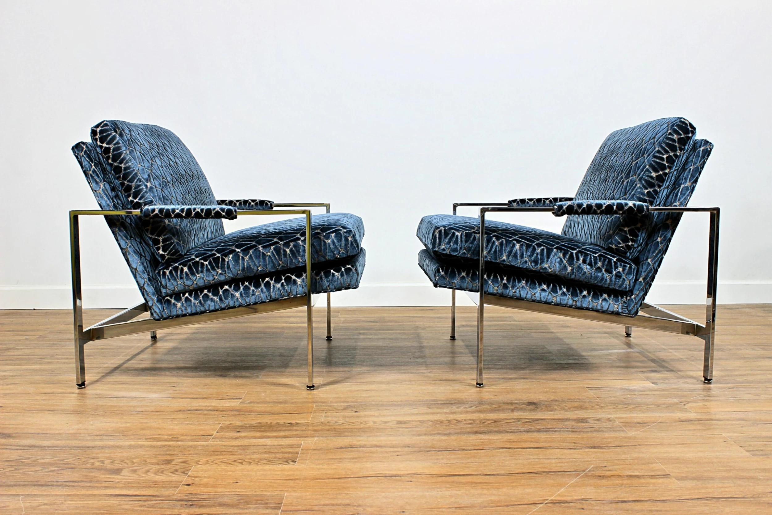 1970's Milo Baughman 951 Chrome Lounge Chairs In Rombo Orion Blue Cut Velvet, Pair 3 1970's Milo Baughman 951 Chrome Lounge Chairs In Rombo Orion Blue Cut Velvet, Pair - Image 3