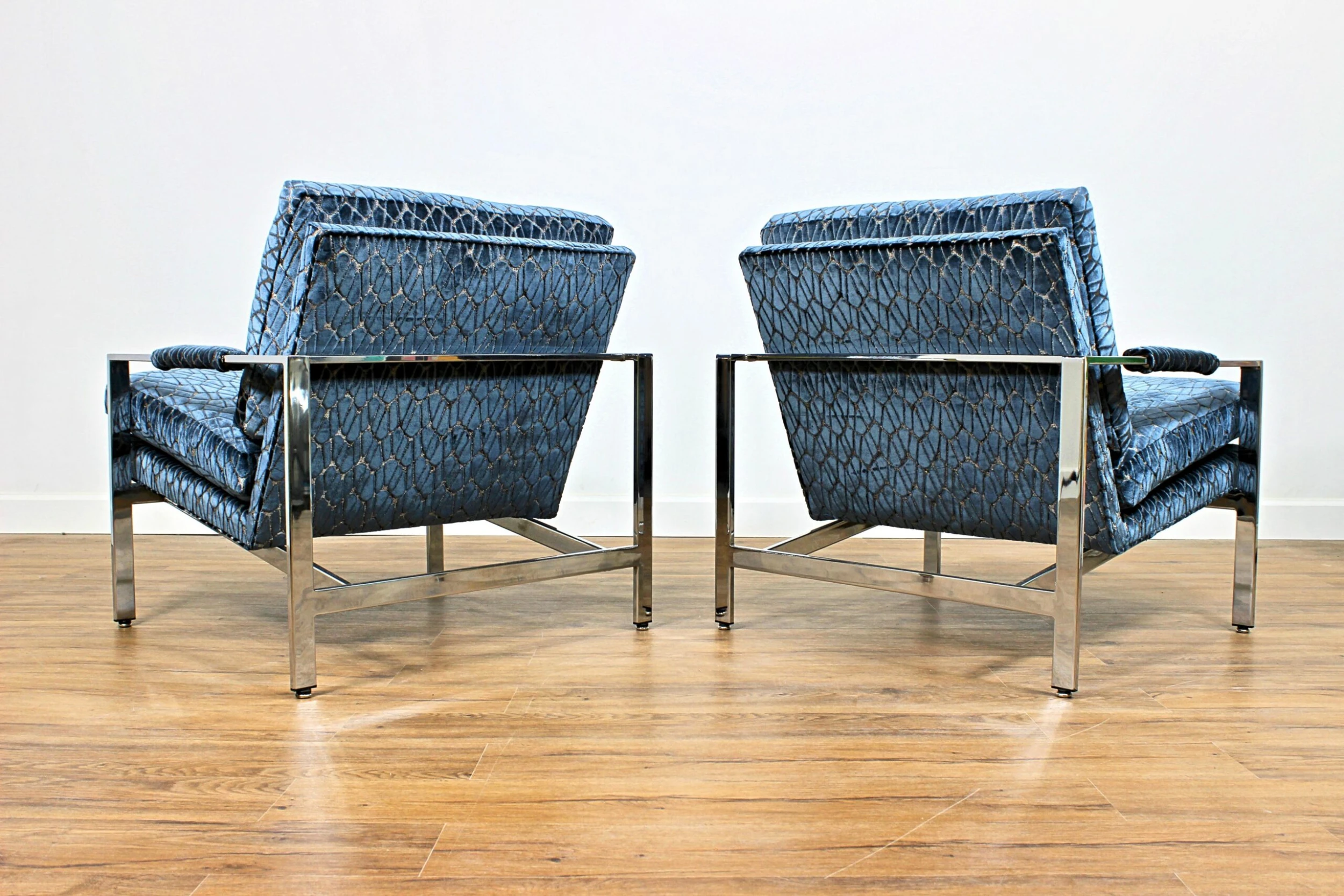 1970's Milo Baughman 951 Chrome Lounge Chairs In Rombo Orion Blue Cut Velvet, Pair 7 1970's Milo Baughman 951 Chrome Lounge Chairs In Rombo Orion Blue Cut Velvet, Pair - Image 7
