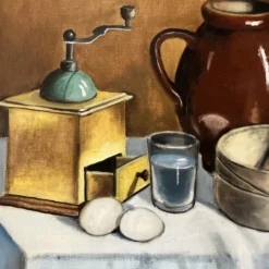 1970’s Original Still Life With Eggs & Pots Painting Signed Original Vintage Frame -chairish shop 1970s original still life with eggs and pots painting signed original vintage frame 8136