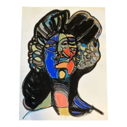 1970’s Original Vintage E.J.Hartmann Large Abstract Portrait Painting Signed