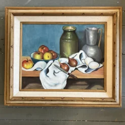 1970’s Original Vintage Still Life With Fruit & Pots Painting Original Frame Signed -chairish shop 1970s original vintage still life with fruit and pots painting original frame signed 0298