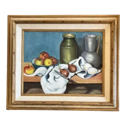 1970’s Original Vintage Still Life With Fruit & Pots Painting Original Frame Signed