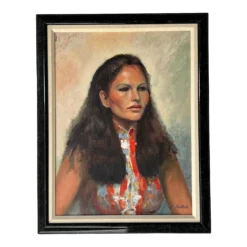 1970's Vintage L. Yolub Japanese Woman Oil Portrait Painting, Frame