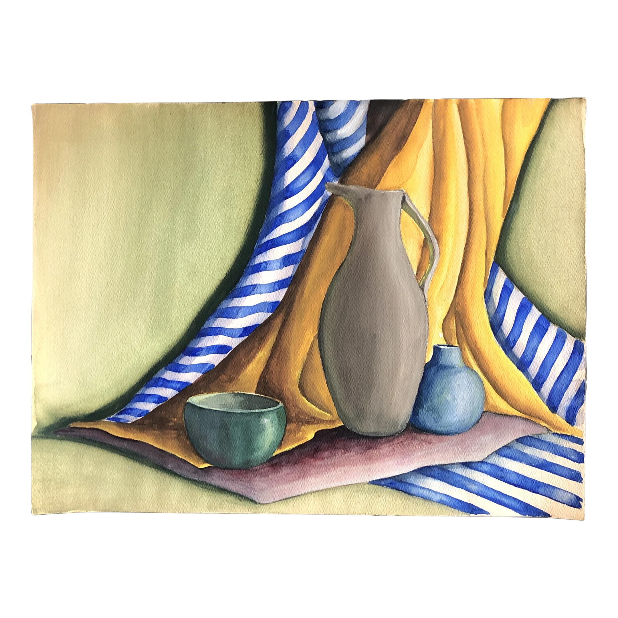 1970’s Vintage Original Still Life With Pots & Drapery Watercolor Painting