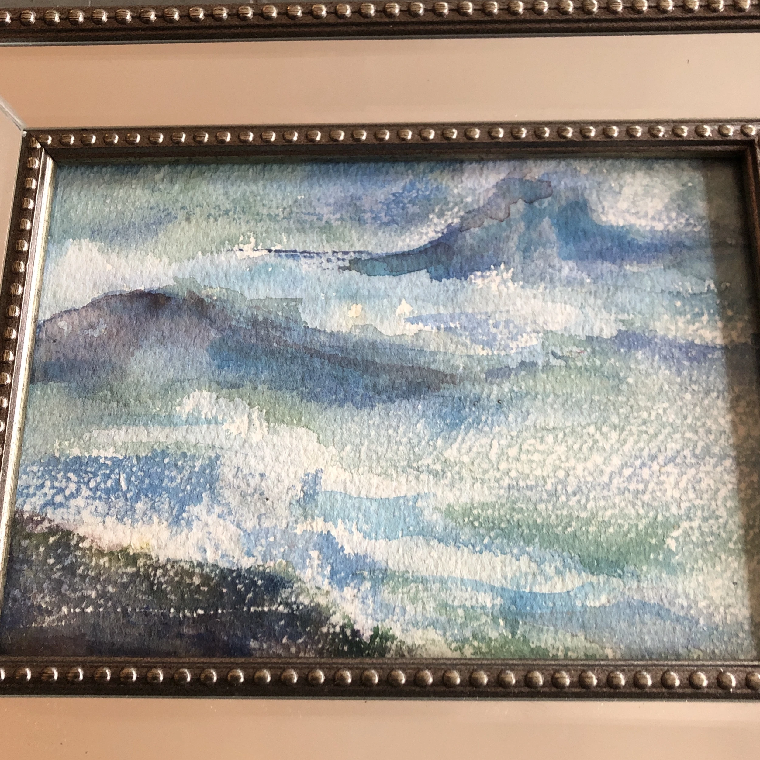 1970’s Vintage Seascape Small Abstract Watercolor Painting Mirrored Vintage Tabletop Frame - Image 2