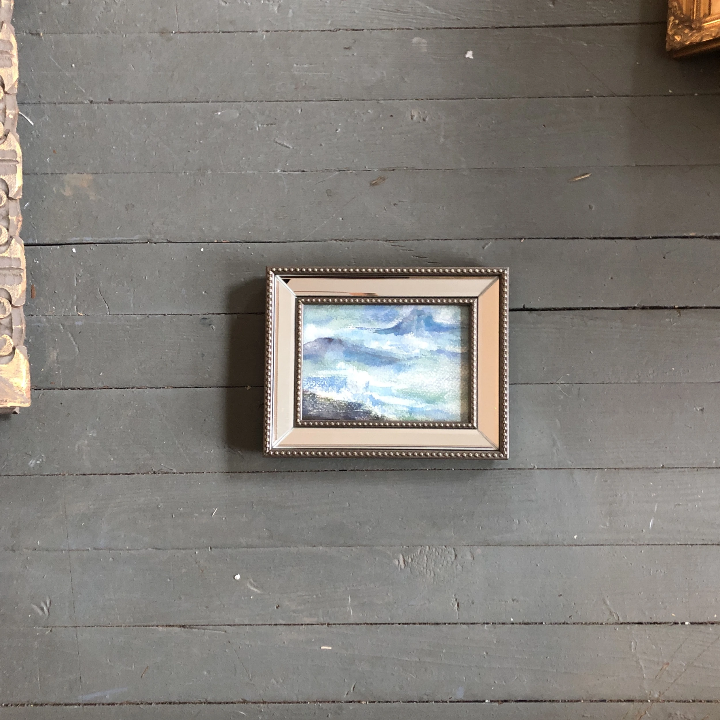 1970’s Vintage Seascape Small Abstract Watercolor Painting Mirrored Vintage Tabletop Frame - Image 4