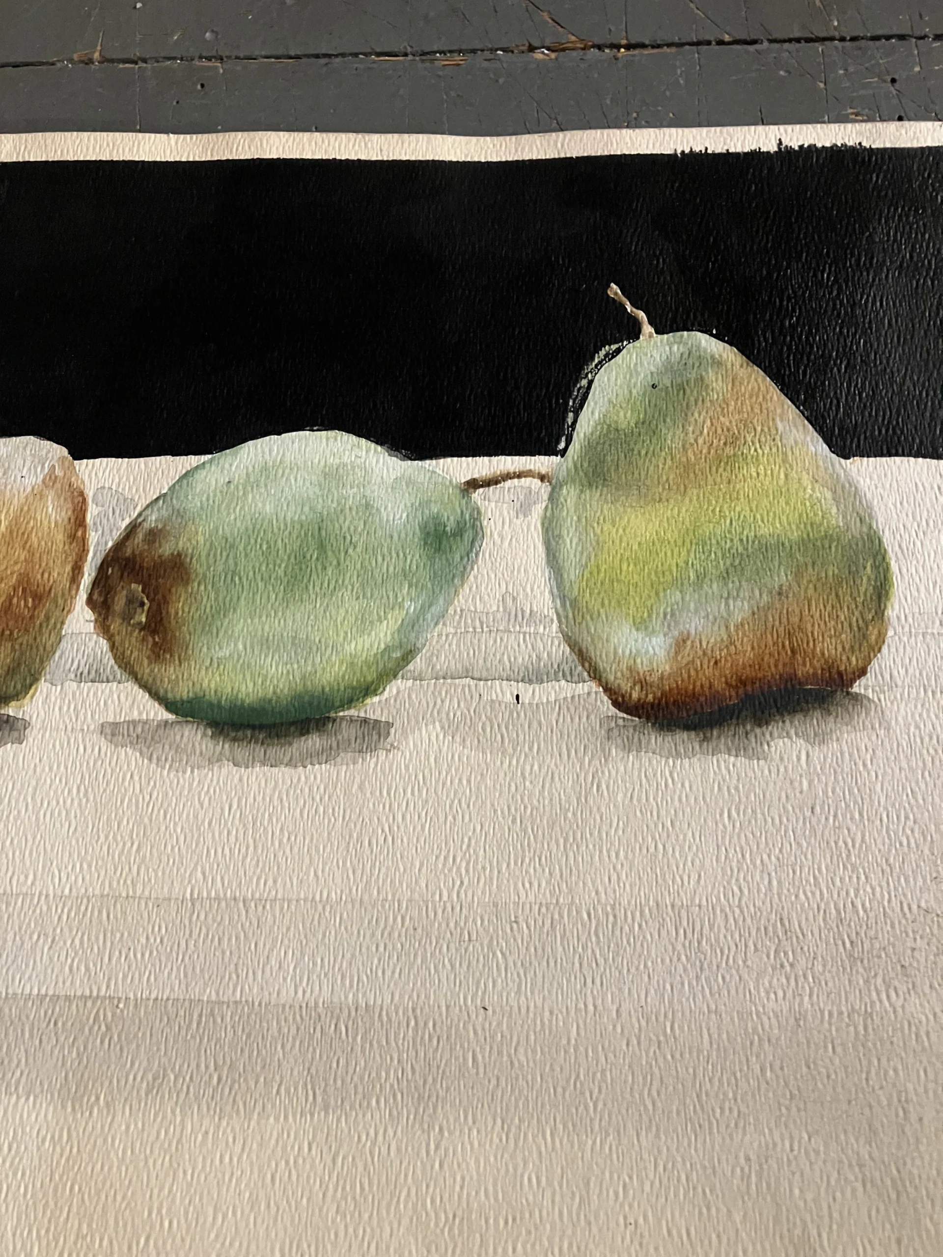 1970’s Vintage Still Life Watercolor Painting Line Up Of Pears 11 X 30 - Image 4