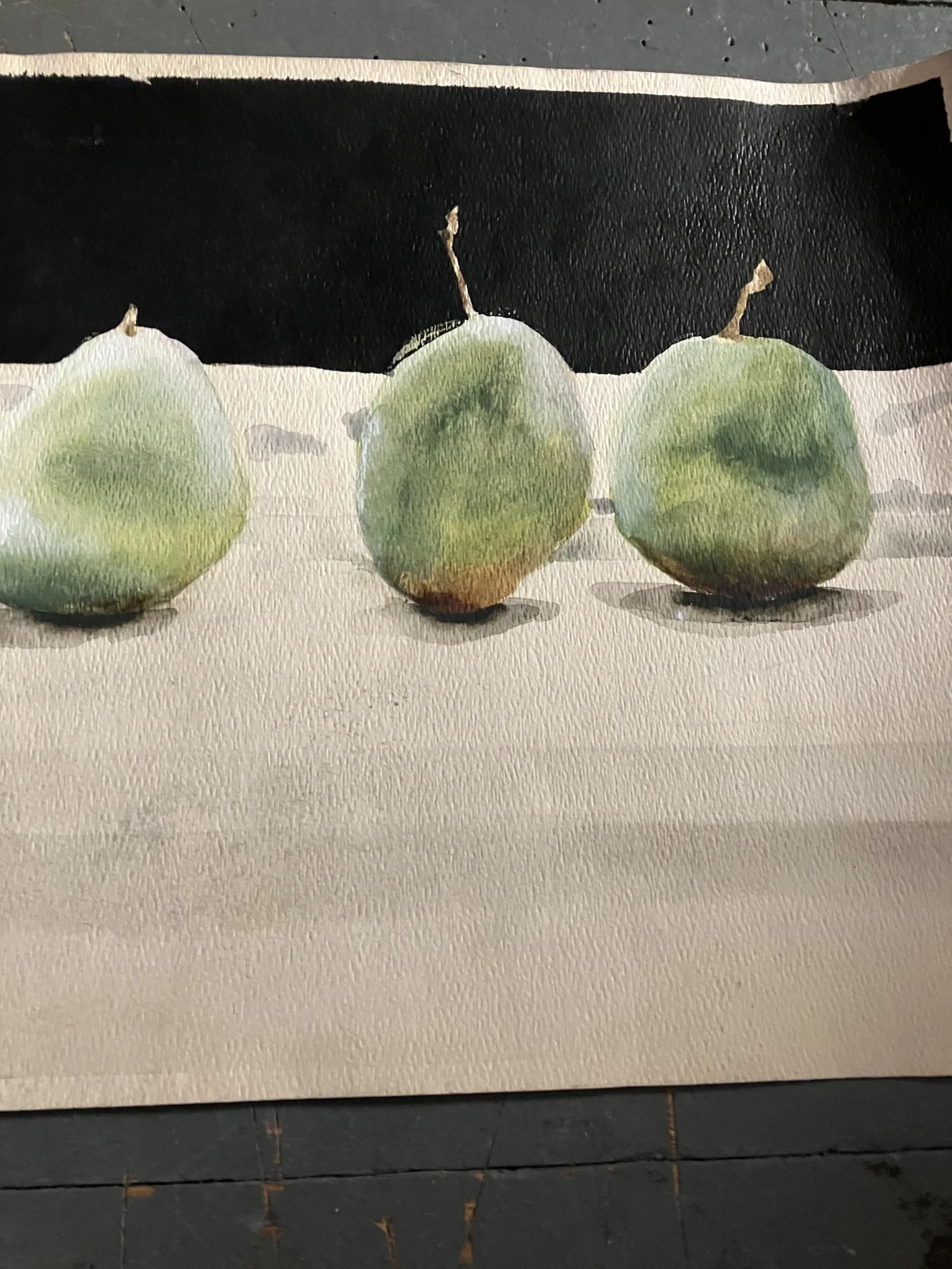 1970’s Vintage Still Life Watercolor Painting Line Up Of Pears 11 X 30 - Image 3