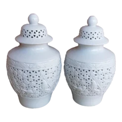 1980's, Chinese Blanc De Chine Reticulated White Ginger Jars- - A Pair