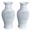 1980's, Chinese Blanc De Chine Reticulated White Vases- - A Pair