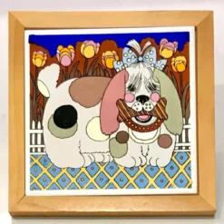 1980's Gailstyn-Sutton Dog Tile On Wood Trivet Wall Hanging -chairish shop 1980s gailstyn sutton dog tile on wood trivet wall hanging 2825