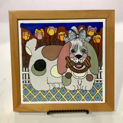 1980's Gailstyn-Sutton Dog Tile On Wood Trivet Wall Hanging -chairish shop 1980s gailstyn sutton dog tile on wood trivet wall hanging 4474