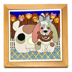 1980's Gailstyn-Sutton Dog Tile On Wood Trivet Wall Hanging