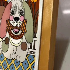 1980's Gailstyn-Sutton Dog Tile On Wood Trivet Wall Hanging -chairish shop 1980s gailstyn sutton dog tile on wood trivet wall hanging 9171 scaled