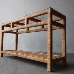 1980's High Quality Wicker And Glass Console Table -chairish shop 1980s high quality wicker and glass console table 3399 scaled