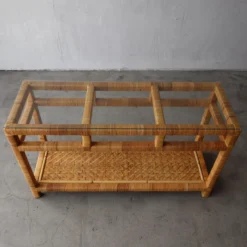1980's High Quality Wicker And Glass Console Table -chairish shop 1980s high quality wicker and glass console table 4953 scaled