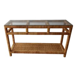 1980's High Quality Wicker And Glass Console Table