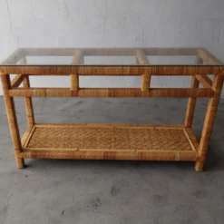 1980's High Quality Wicker And Glass Console Table -chairish shop 1980s high quality wicker and glass console table 8434 scaled