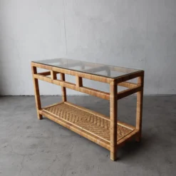 1980's High Quality Wicker And Glass Console Table -chairish shop 1980s high quality wicker and glass console table 9884 scaled