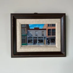 1980's Lan A. Carter Modernist Architectural Street Scene Oil Painting, Framed -chairish shop 1980s lan a carter modernist architectural street scene oil painting framed 3989 scaled