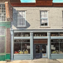 1980's Lan A. Carter Modernist Architectural Street Scene Oil Painting, Framed -chairish shop 1980s lan a carter modernist architectural street scene oil painting framed 6637 scaled