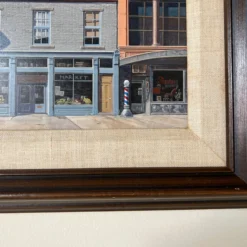 1980's Lan A. Carter Modernist Architectural Street Scene Oil Painting, Framed -chairish shop 1980s lan a carter modernist architectural street scene oil painting framed 6906 scaled