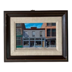 1980's Lan A. Carter Modernist Architectural Street Scene Oil Painting, Framed