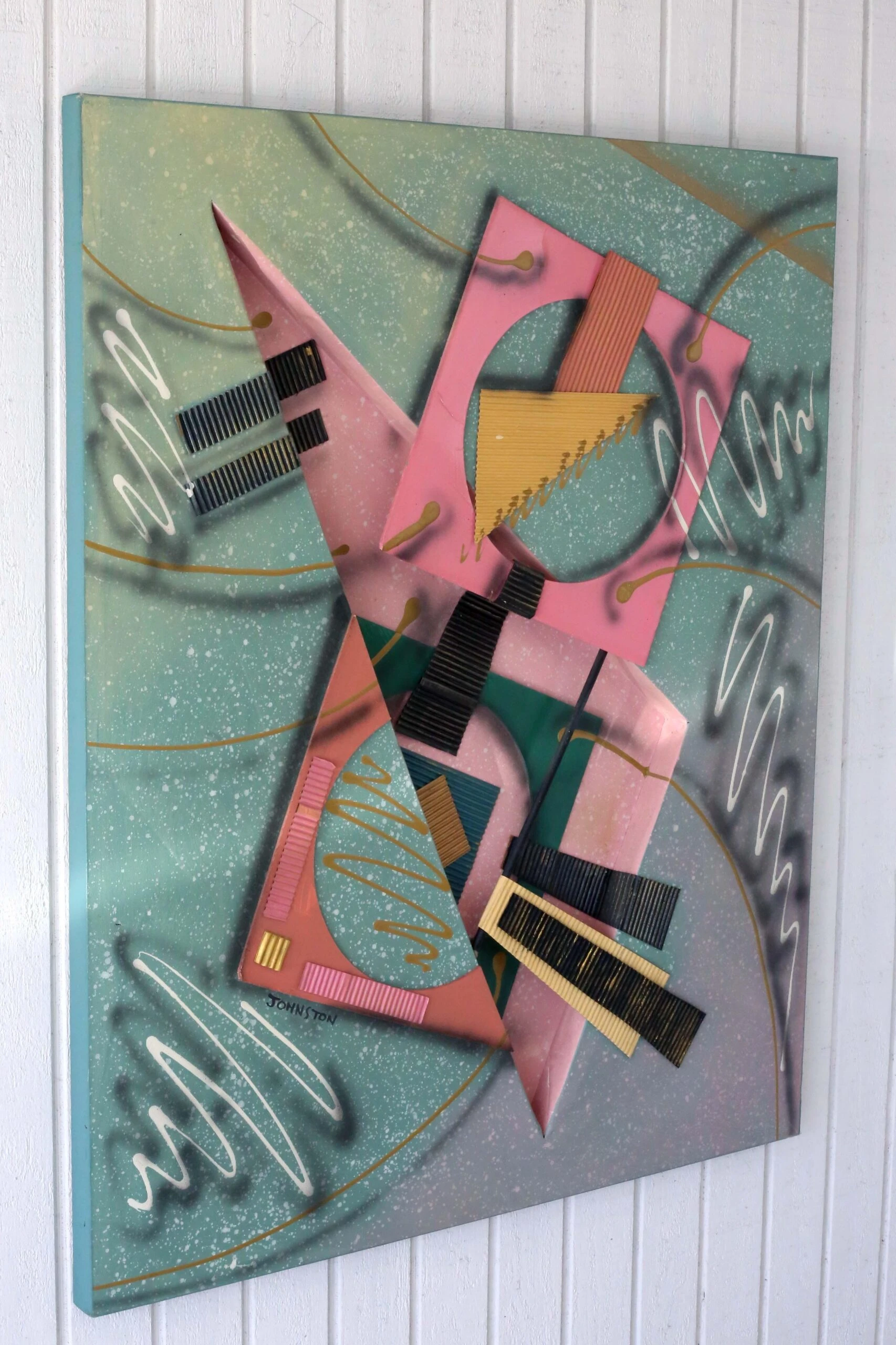 1980's Large Abstract Geometric Mixed-Media Shadow Box Painting By Johnston 5 1980's Large Abstract Geometric Mixed-Media Shadow Box Painting By Johnston - Image 5