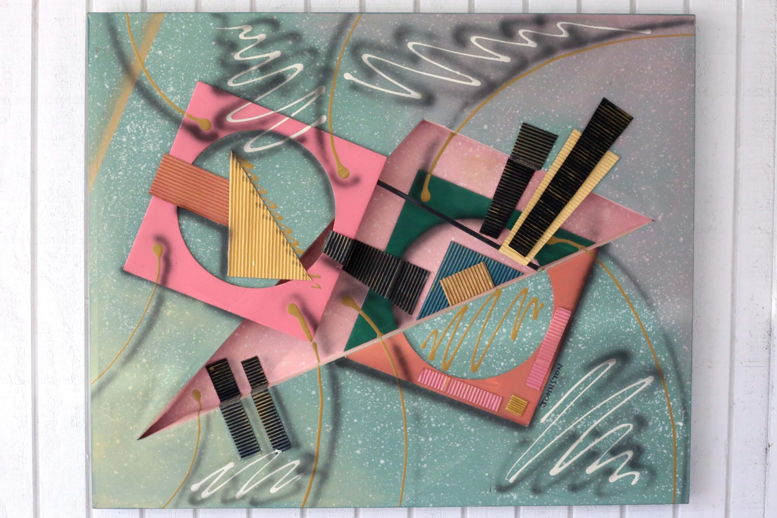 1980's Large Abstract Geometric Mixed-Media Shadow Box Painting By Johnston 10 1980's Large Abstract Geometric Mixed-Media Shadow Box Painting By Johnston - Image 10