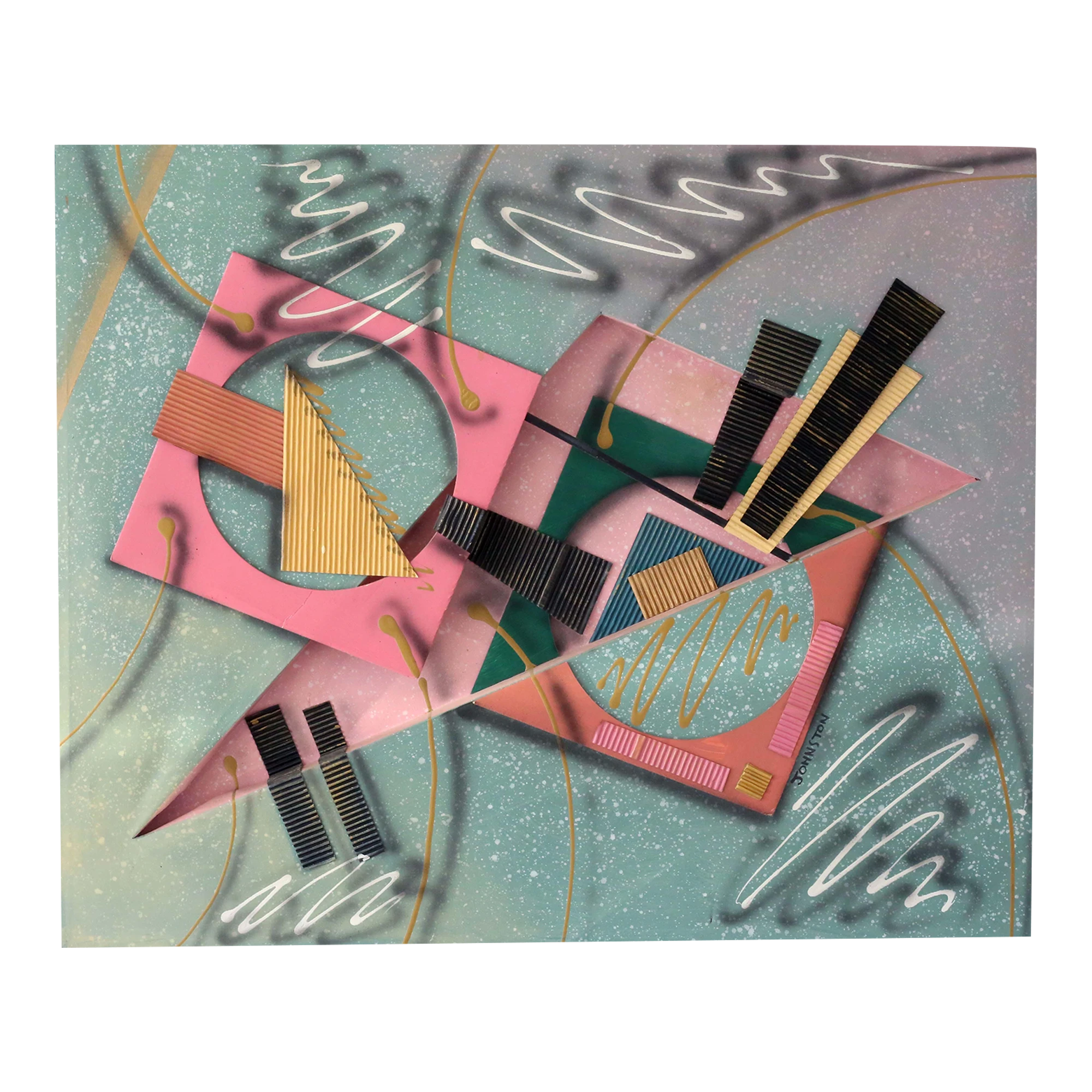 1980's Large Abstract Geometric Mixed-Media Shadow Box Painting By Johnston 1 1980's Large Abstract Geometric Mixed-Media Shadow Box Painting By Johnston