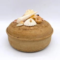 1980's Organic Modern Signed Stoneware Dish With Sea Shells On Lid -chairish shop 1980s organic modern signed stoneware dish with sea shells on lid 0779