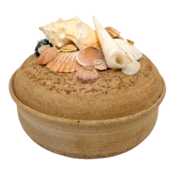 1980's Organic Modern Signed Stoneware Dish With Sea Shells On Lid