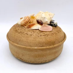 1980's Organic Modern Signed Stoneware Dish With Sea Shells On Lid -chairish shop 1980s organic modern signed stoneware dish with sea shells on lid 4702