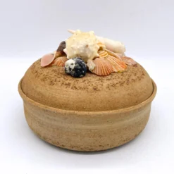 1980's Organic Modern Signed Stoneware Dish With Sea Shells On Lid -chairish shop 1980s organic modern signed stoneware dish with sea shells on lid 5875