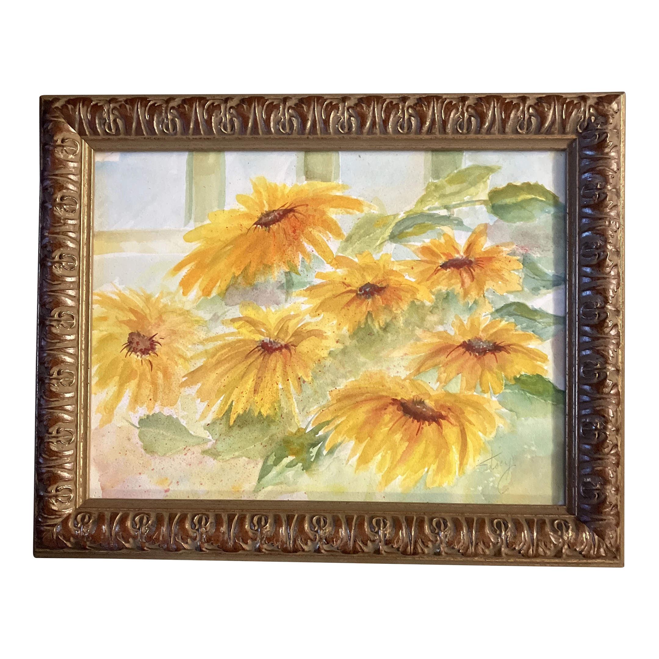 1980’s Original Abstract Impressionist Sunflower Watercolor Painting Ornate Frame 1 1980’s Original Abstract Impressionist Sunflower Watercolor Painting Ornate Frame
