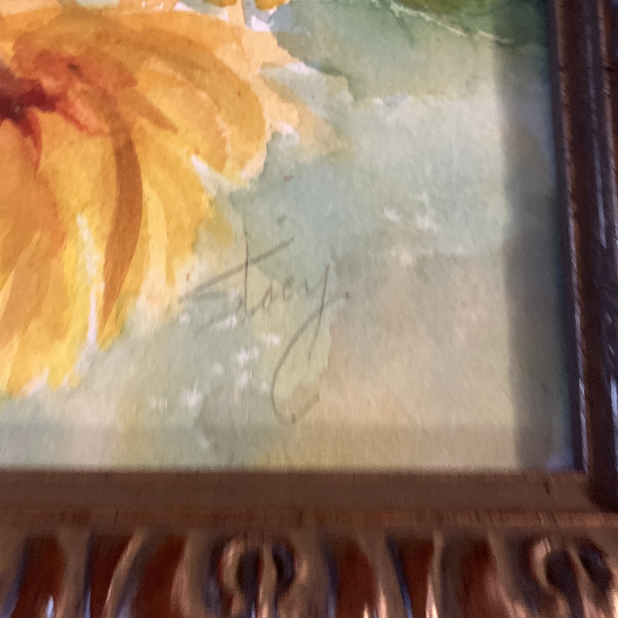 1980’s Original Abstract Impressionist Sunflower Watercolor Painting Ornate Frame 3 1980’s Original Abstract Impressionist Sunflower Watercolor Painting Ornate Frame - Image 3