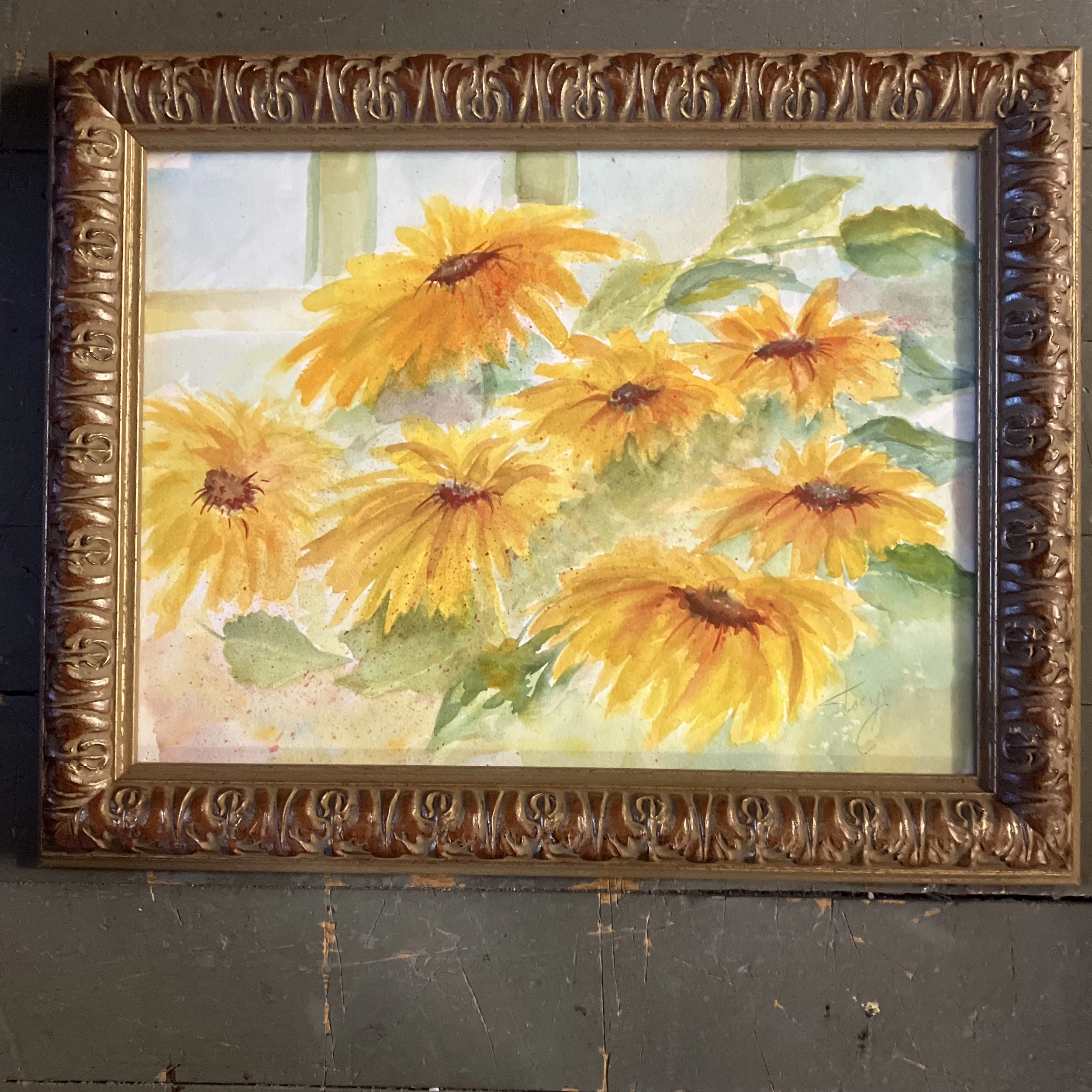 1980’s Original Abstract Impressionist Sunflower Watercolor Painting Ornate Frame 5 1980’s Original Abstract Impressionist Sunflower Watercolor Painting Ornate Frame - Image 5