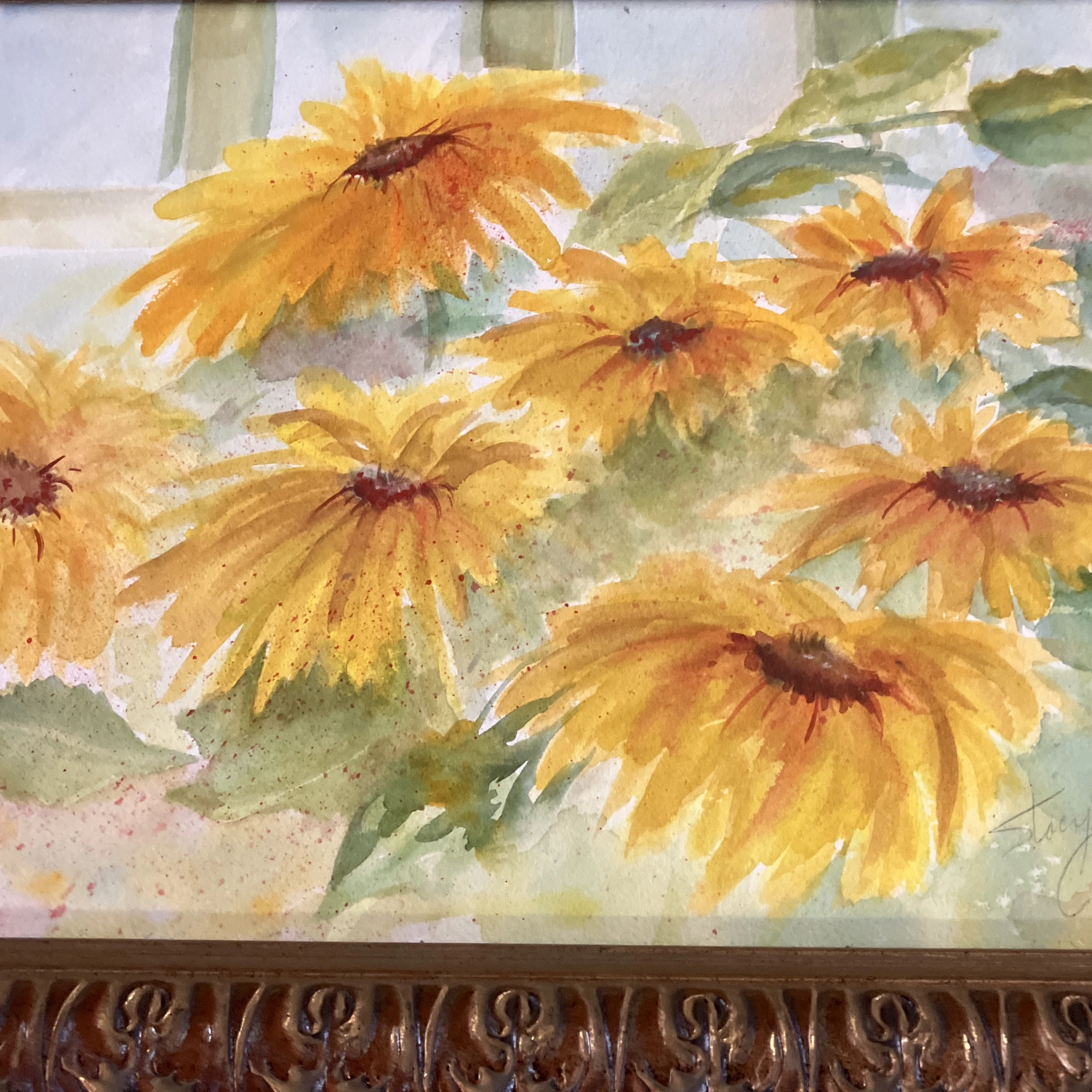 1980’s Original Abstract Impressionist Sunflower Watercolor Painting Ornate Frame 2 1980’s Original Abstract Impressionist Sunflower Watercolor Painting Ornate Frame - Image 2