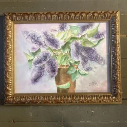 1980’s Original Primitive Folk Art Lilacs Watercolor Painting Ornate Frame -chairish shop 1980s original primitive folk art lilacs watercolor painting ornate frame 9263