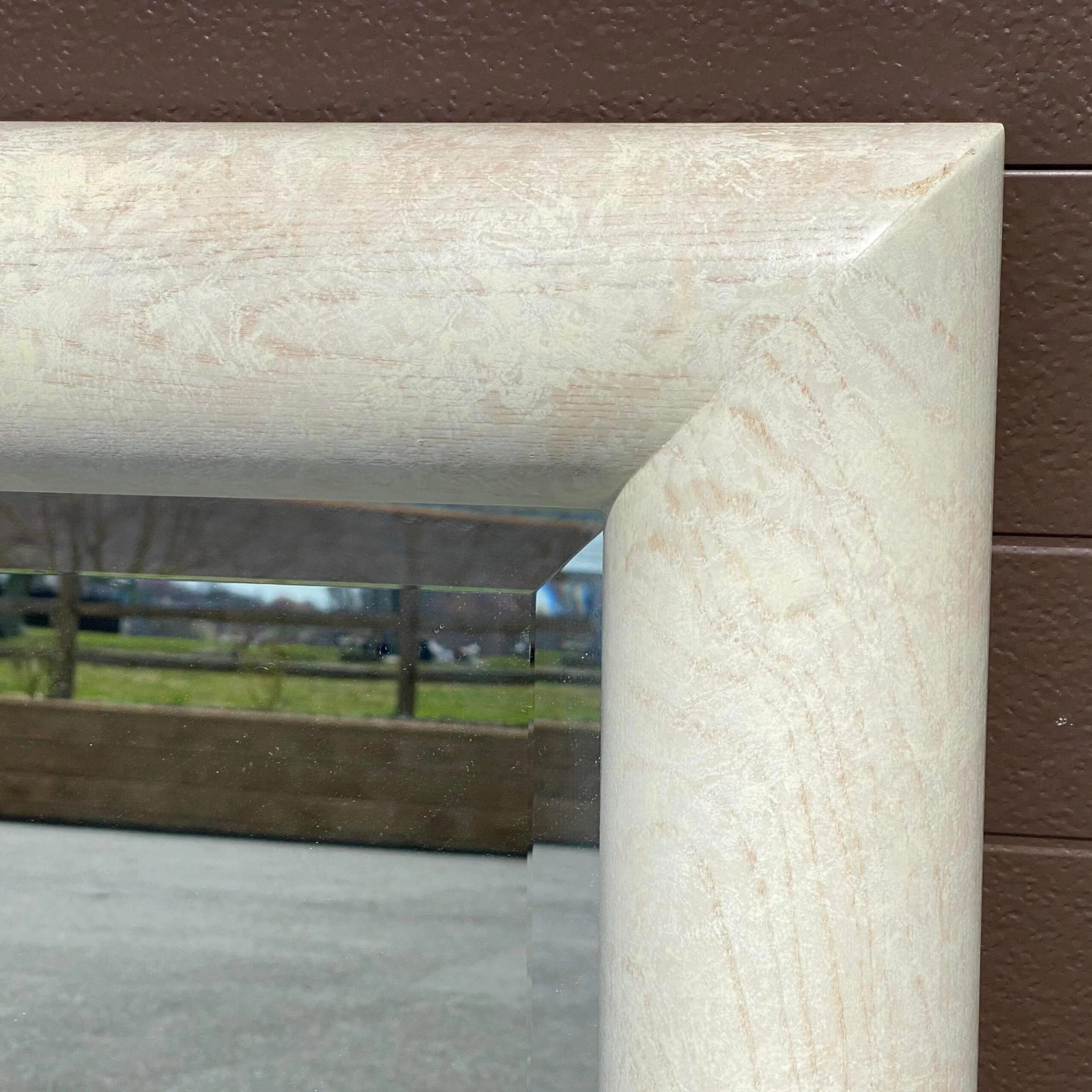 1980's Postmodern Karl Springer Style Cerused Oak Bullnose Wall Mirror With Brass Accents 4 1980's Postmodern Karl Springer Style Cerused Oak Bullnose Wall Mirror With Brass Accents - Image 4