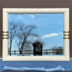 1980's Postmodern Karl Springer Style Cerused Oak Bullnose Wall Mirror With Brass Accents 18 1980's Postmodern Karl Springer Style Cerused Oak Bullnose Wall Mirror With Brass Accents -chairish shop 1980s postmodern karl springer style cerused oak bullnose wall mirror with brass accents 4698 scaled