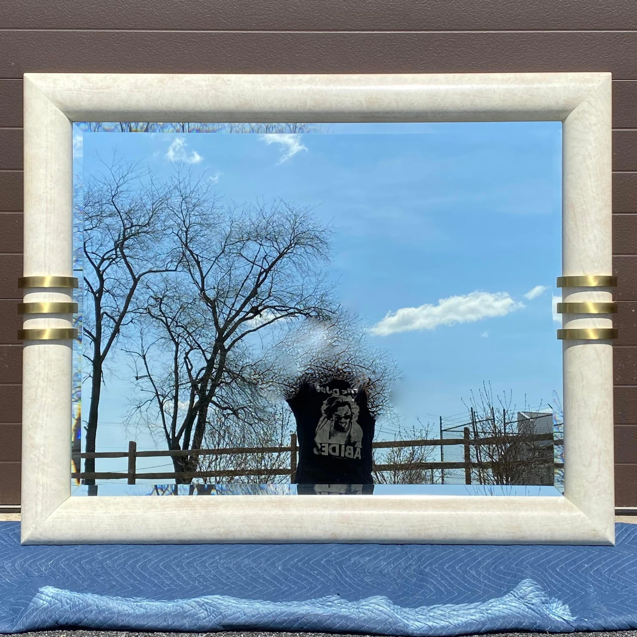 1980's Postmodern Karl Springer Style Cerused Oak Bullnose Wall Mirror With Brass Accents 9 1980's Postmodern Karl Springer Style Cerused Oak Bullnose Wall Mirror With Brass Accents - Image 9