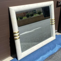 1980's Postmodern Karl Springer Style Cerused Oak Bullnose Wall Mirror With Brass Accents 12 1980's Postmodern Karl Springer Style Cerused Oak Bullnose Wall Mirror With Brass Accents -chairish shop 1980s postmodern karl springer style cerused oak bullnose wall mirror with brass accents 6422 scaled