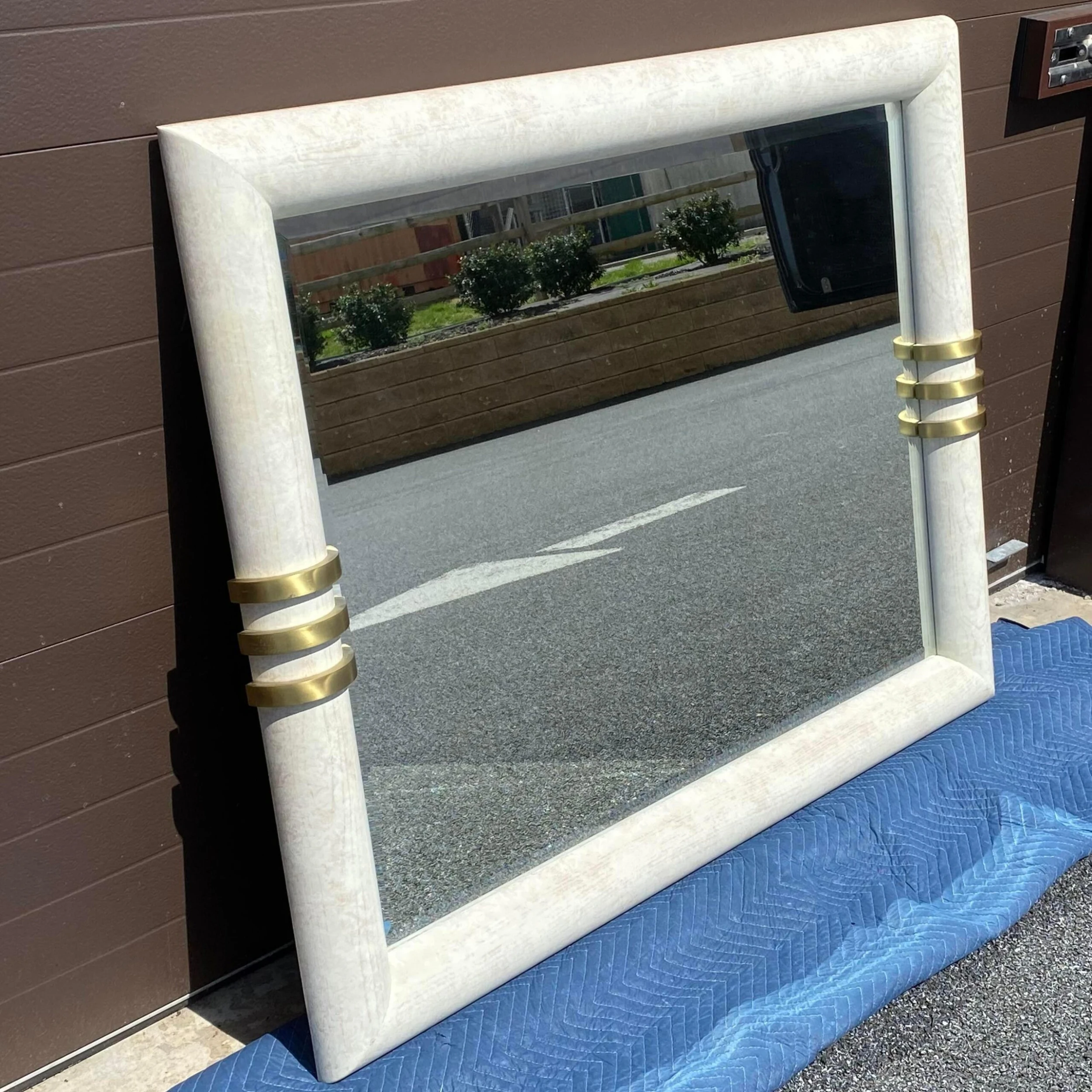 1980's Postmodern Karl Springer Style Cerused Oak Bullnose Wall Mirror With Brass Accents 3 1980's Postmodern Karl Springer Style Cerused Oak Bullnose Wall Mirror With Brass Accents - Image 3