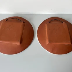 1980's Postmodern Larry H. Hand Painted Wall Art Plates - A Pair -chairish shop 1980s postmodern larry h hand painted wall art plates a pair 1087 scaled