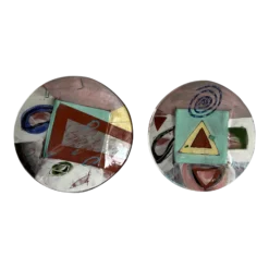 1980's Postmodern Larry H. Hand Painted Wall Art Plates - A Pair
